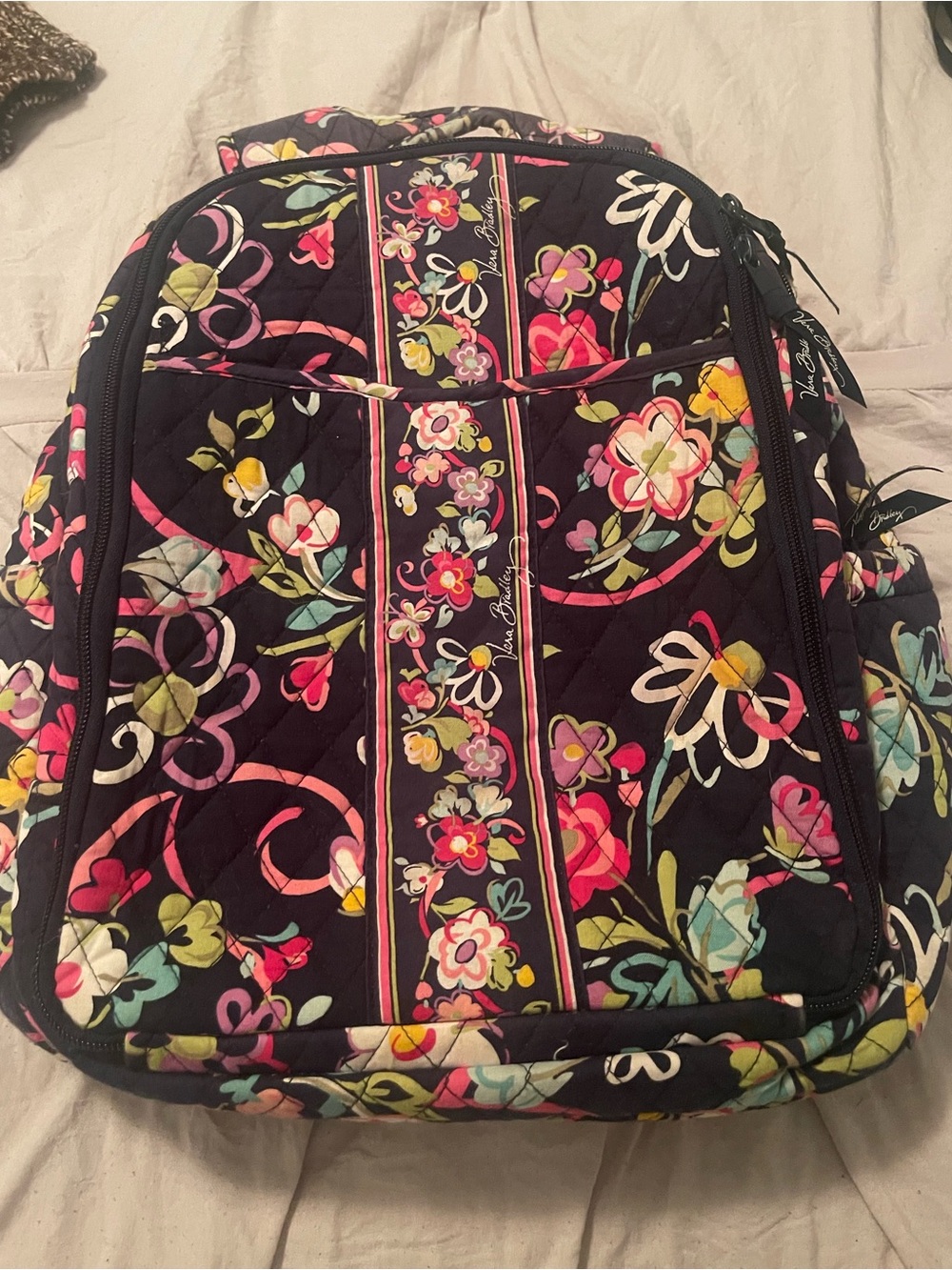 Vera Bradley Black Quilted Floral Backpack with Pink and Yellow Accents